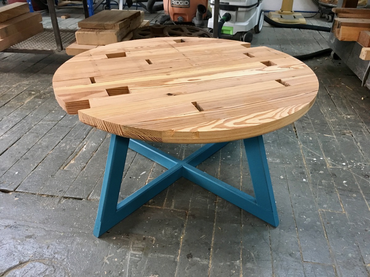 Reclaimed southern yellow pine quilted tabletop with steel base, by Victor Valencia.